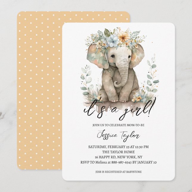 Invitation Aquarelle Eléphant Peach Floral Girl Baby shower (Devant / Derrière)