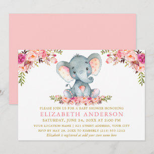 Invitation Aquarelle Eléphant rose Floral Baby shower or