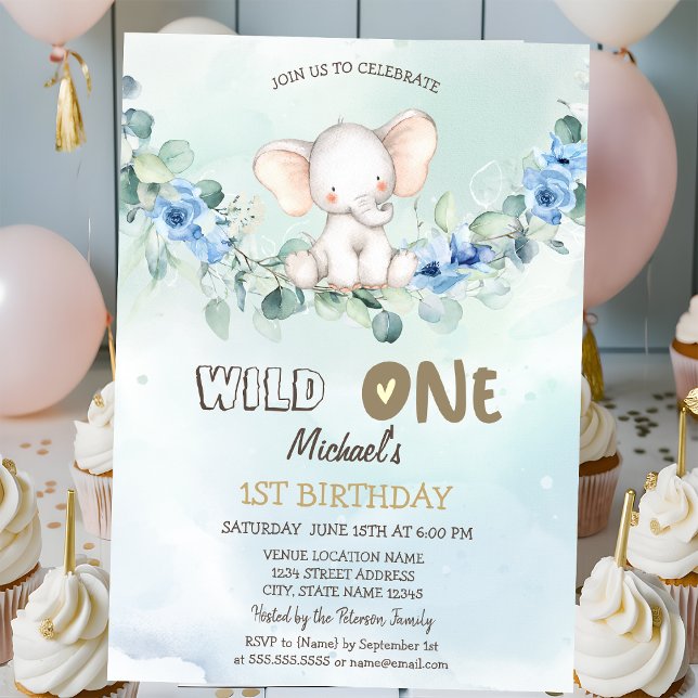 Invitation Aquarelle Elephant Roses Feuilles 1er (Créateur téléchargé)