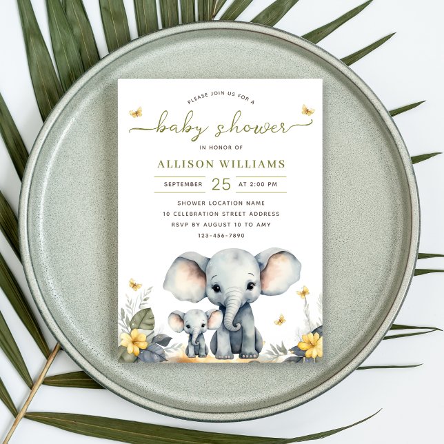 Invitation Aquarelle Eléphant Sexe Baby shower neutre (Créateur téléchargé)