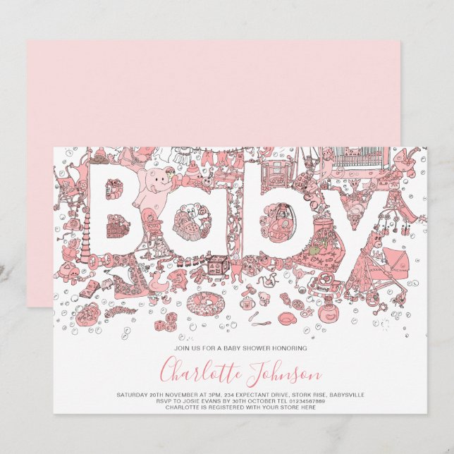 Invitation Aquarelle éléphante Baby shower rose (Devant / Derrière)