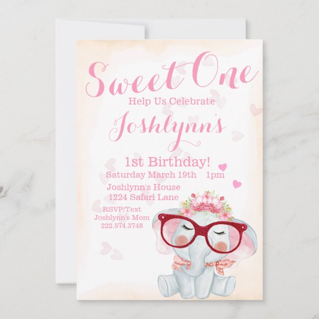 Invitation Aquarelle éléphante Douce une fille 2e anniversair (Devant)