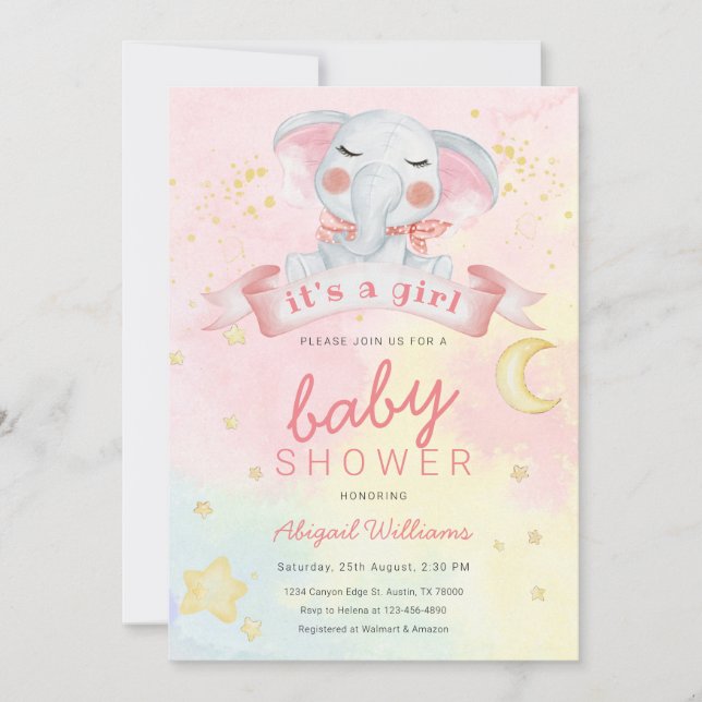Invitation Aquarelle éléphante fille avec baby shower étoiles (Devant)