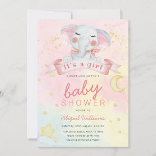 Invitation Aquarelle éléphante fille avec baby shower étoiles