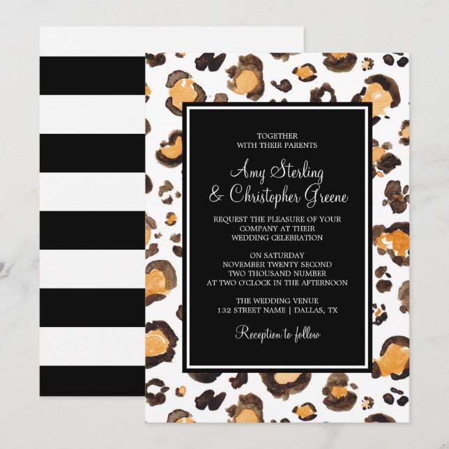 Invitation Aquarelle Empreinte de léopard et rayures chic | M (Devant / Derrière)