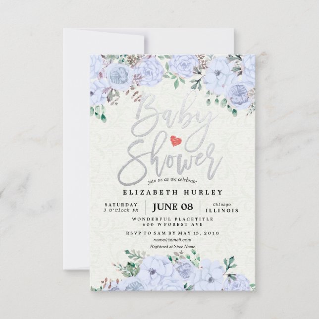 Invitation Aquarelle en argent Script Baby shower Floral Invi (Devant)