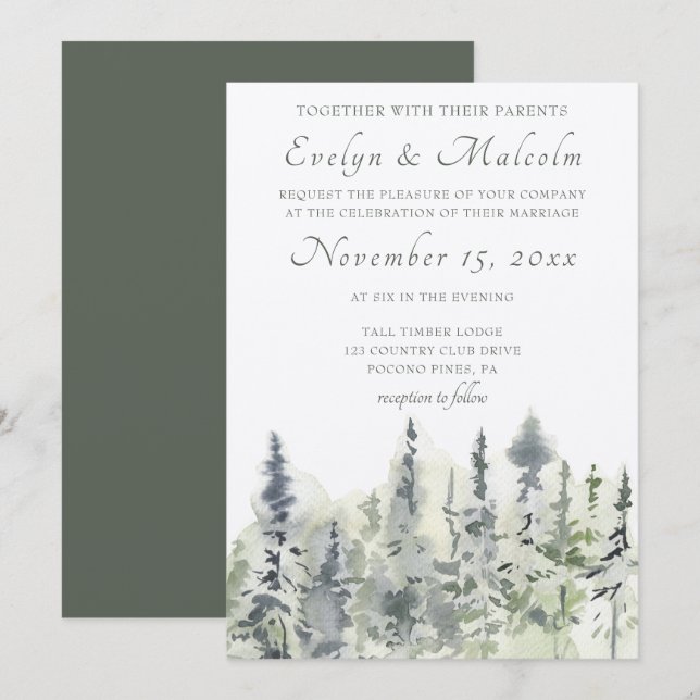 Invitation Aquarelle en bois grand À feuillage persistant Arb (Devant / Derrière)