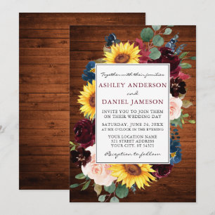 Invitation Aquarelle en bois rustique Mariage à cadre floral