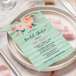 Invitation Aquarelle en bois rustique vert Mint Floral