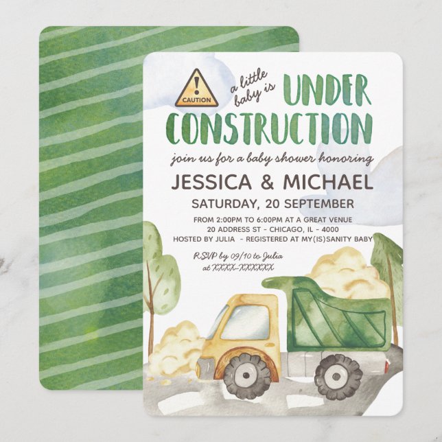 Invitation Aquarelle en construction Baby shower de camion (Devant / Derrière)