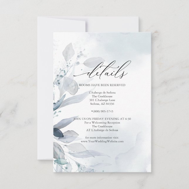 Invitation Aquarelle en feuillages bleus poussiéreux Détails  (Devant)
