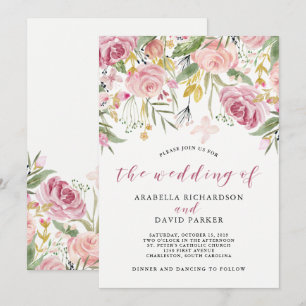 Invitation Aquarelle en fleurs Mariage floral rose et or