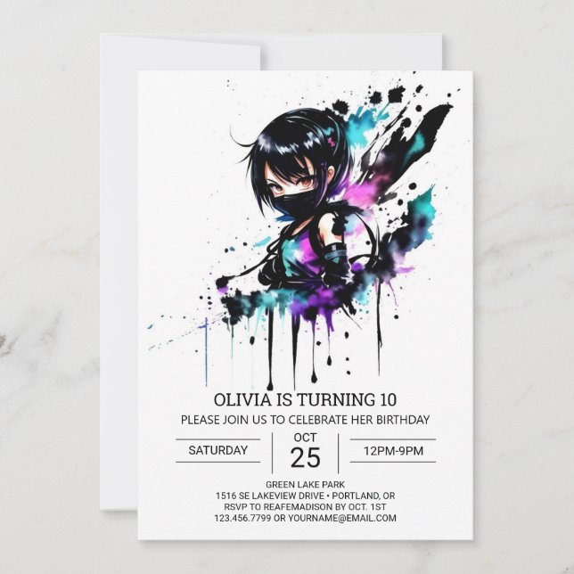 Invitation Aquarelle en ligne Ninja fille anniversaire (Devant)