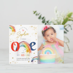 Invitation Aquarelle en or arc-en-ciel 1er anniversaire Invit