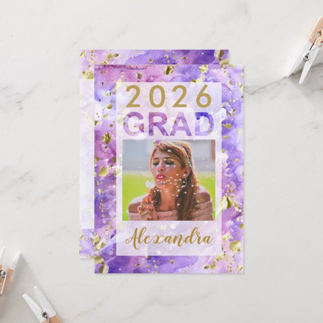 Invitation Aquarelle en or violet Art 2025 (Devant/Arrière en situation)