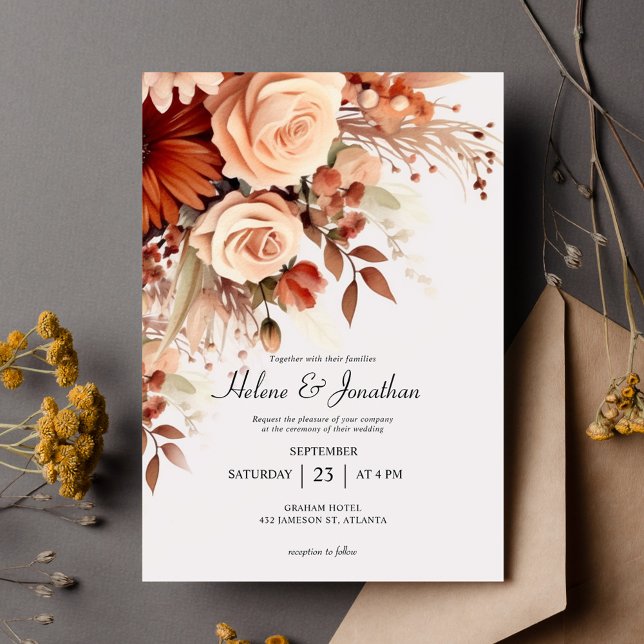 Invitation Aquarelle en terre cuite Floral Élégant Mariage de (Terracotta Watercolor Floral Elegant Fall Wedding Invitation)