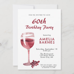 Invitation Aquarelle en verre de vin rouge 60e anniversaire f