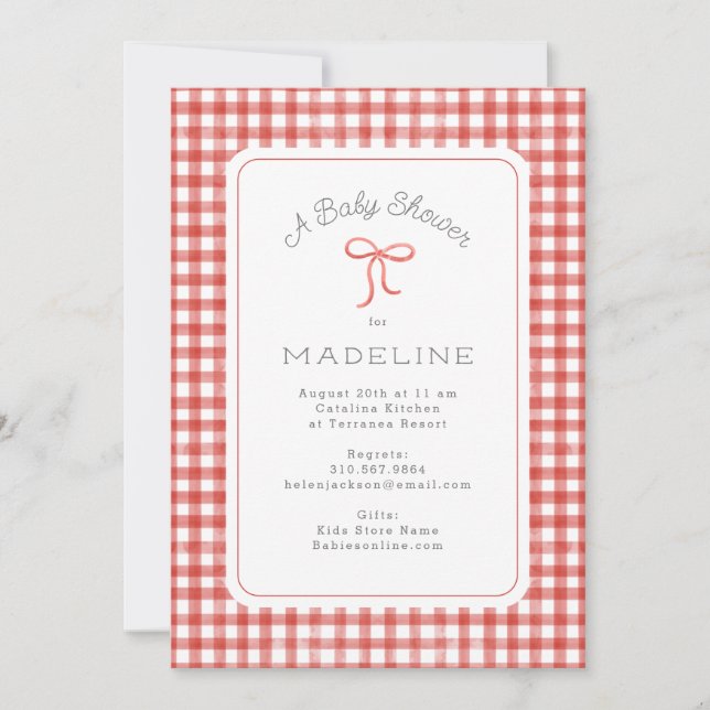 Invitation Aquarelle En vichy Baby shower rouge (Devant)