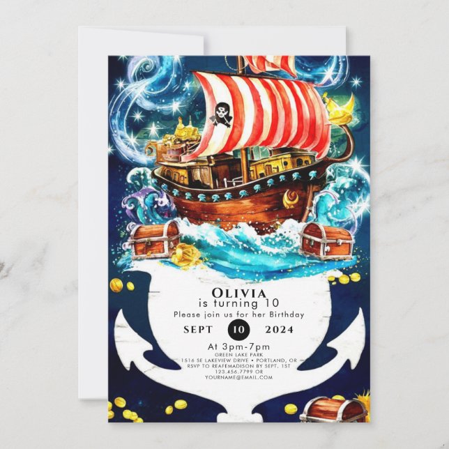 Invitation Aquarelle enchantée bateau Pirate Anniversaire (Devant)