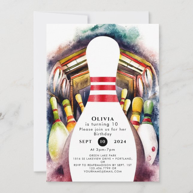 Invitation Aquarelle enchantée Bowling personnalisé Anniversa (Devant)