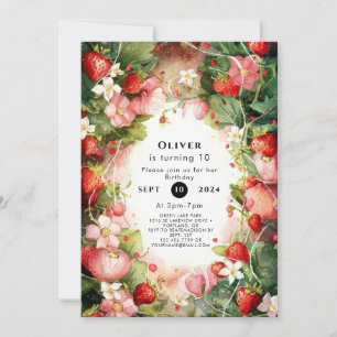 Invitation Aquarelle Enchantée fraise simple Anniversaire