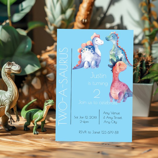 Invitation Aquarelle Enfants Dinosaure Turner deux Anniversai (Créateur téléchargé)