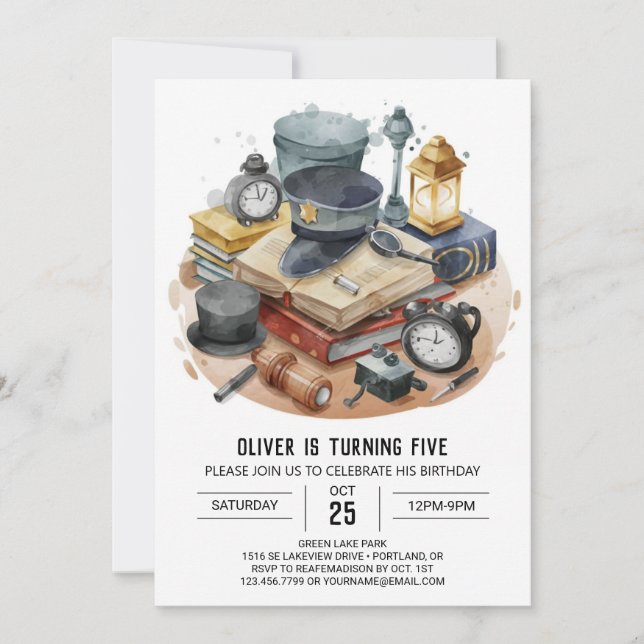 Invitation Aquarelle Enfants Inspecteur Anniversaire (Devant)
