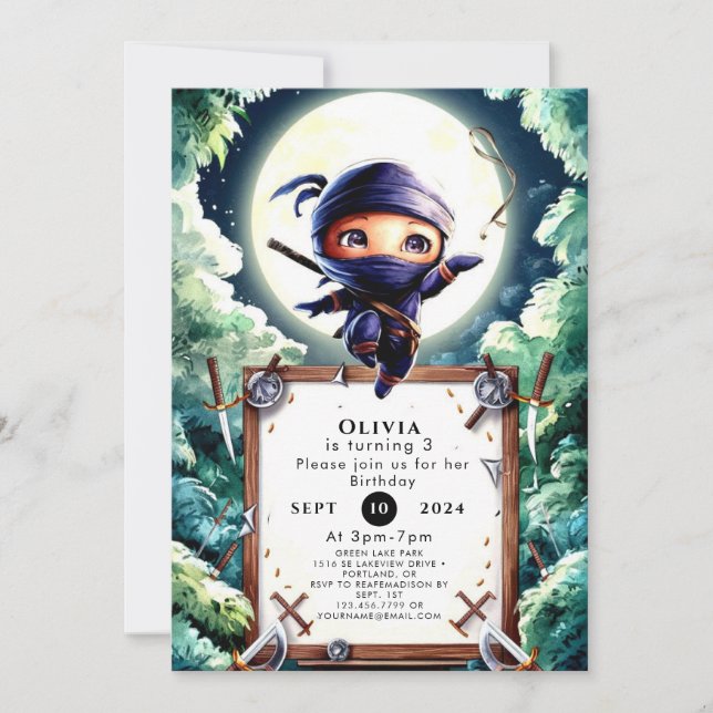 Invitation Aquarelle Enfants Ninja Anniversaire (Devant)