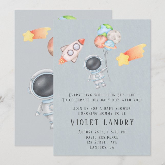 Invitation Aquarelle Espace extra-atmosphérique Astronaut Bab (Devant / Derrière)