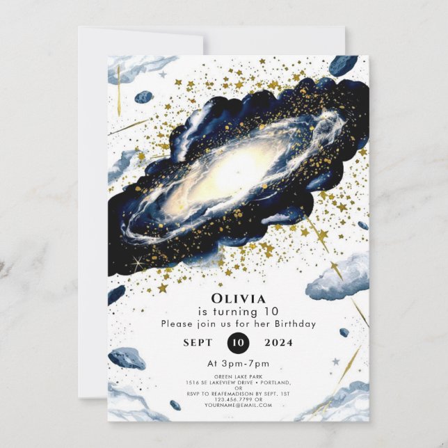 Invitation Aquarelle Espace Galactique Anniversaire (Devant)