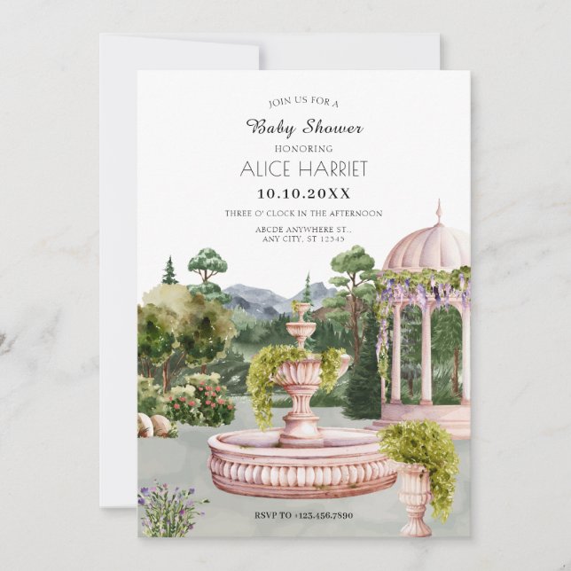 Invitation Aquarelle esthétique jardin élégant baby shower (Devant)
