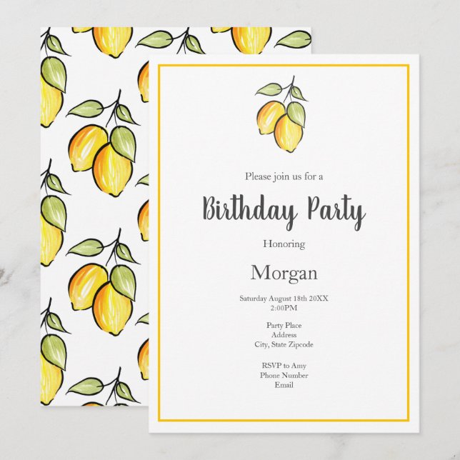 Invitation Aquarelle et citrons d'encre et Motif (Devant / Derrière)