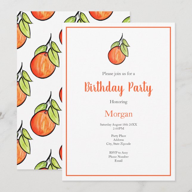 Invitation Aquarelle et encre orange et Motif (Devant / Derrière)