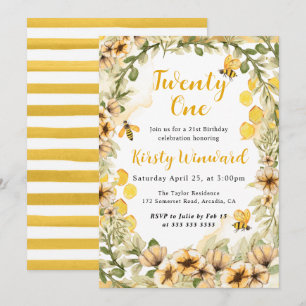 Invitation Aquarelle Été Abeilles et Fleurs 21e Anniversaire