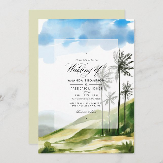 Invitation Aquarelle Été QR Code RSVP Plage Mariage (Devant / Derrière)