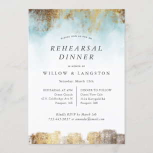 Invitation Aquarelle Ethérée Bleu Or Dîner de répétition