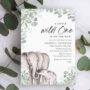 Invitation Aquarelle Eucalypt Wild One Elephant Baby shower