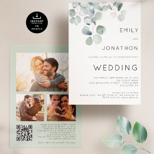 Invitation Aquarelle Eucalyptus 3 Photos QR Code Mariage