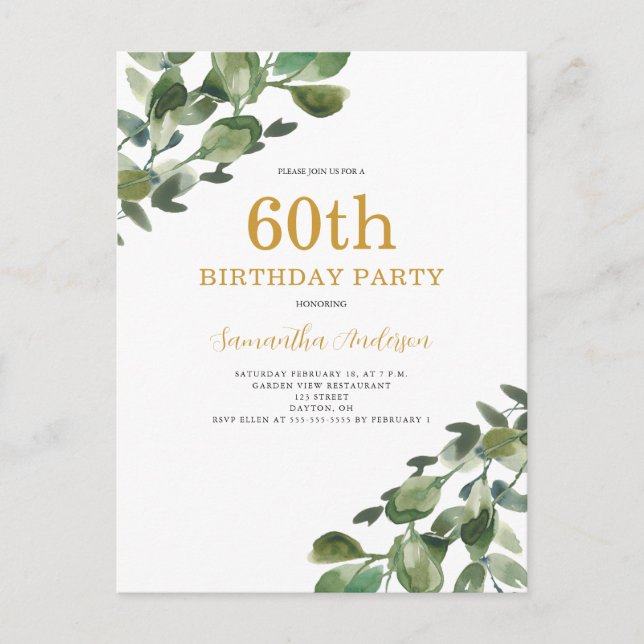 Invitation aquarelle eucalyptus 60 ans (Devant)