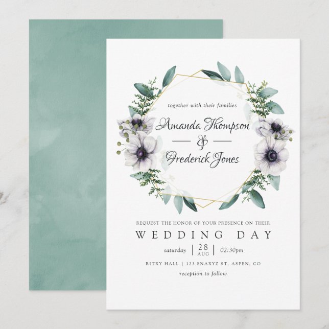 Invitation Aquarelle Eucalyptus Anémonique Mariage géométriqu (Devant / Derrière)