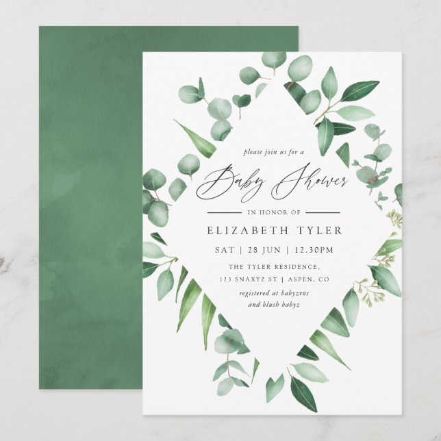 Invitation Aquarelle Eucalyptus Baby shower vert (Devant / Derrière)