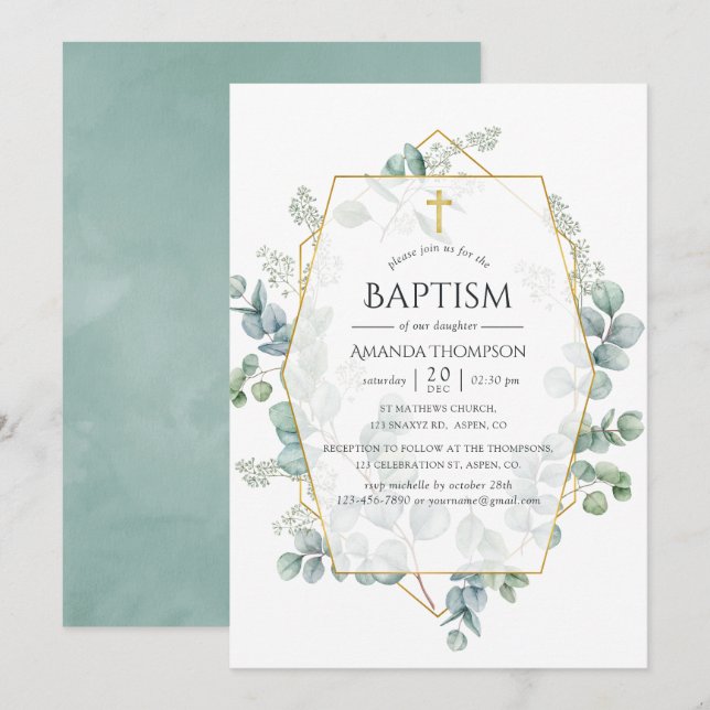 Invitation Aquarelle Eucalyptus Baptême géométrique (Devant / Derrière)