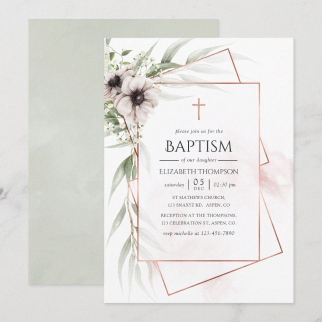 Invitation Aquarelle Eucalyptus Baptême géométrique (Devant / Derrière)