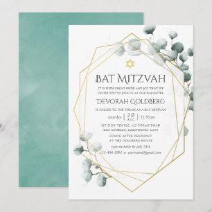 Invitation Aquarelle Eucalyptus Bat mitzvah géométrique