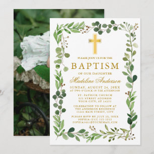 Invitation Aquarelle Eucalyptus Cadre Or Baptême Photo