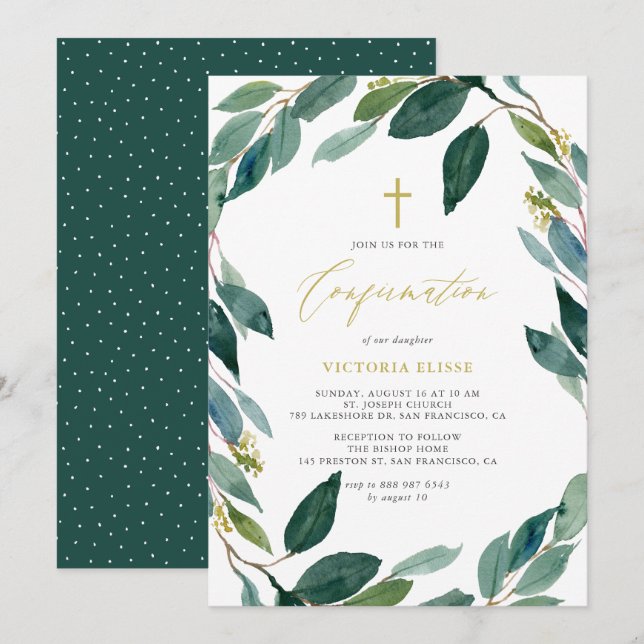 Invitation Aquarelle Eucalyptus Confirmation de la couronne (Devant / Derrière)