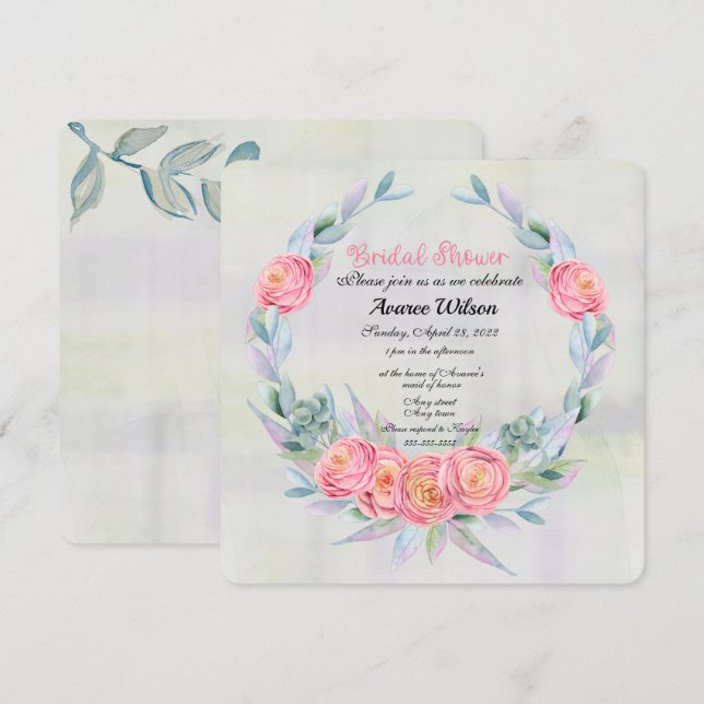 Invitation Aquarelle Eucalyptus couronne et roses roses roses (Devant / Derrière)