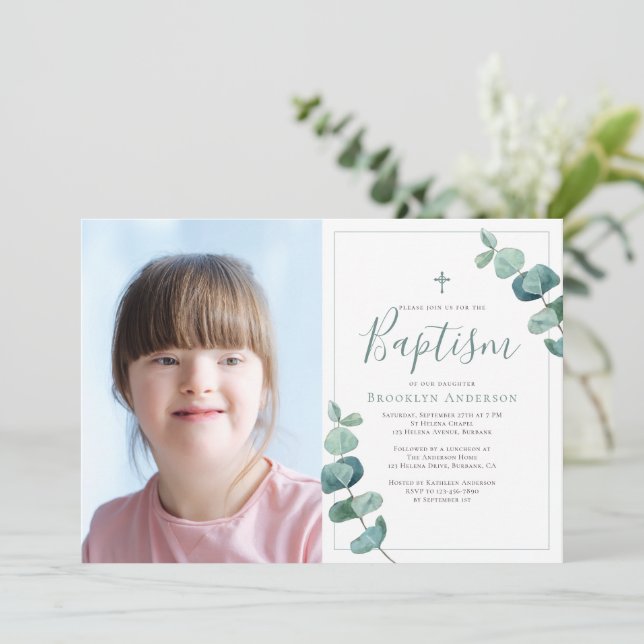 Invitation Aquarelle Eucalyptus Cross Photo Baptême (Debout devant)