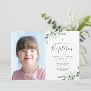 Invitation Aquarelle Eucalyptus Cross Photo Baptême