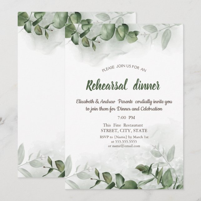 Invitation Aquarelle Eucalyptus Dîner de répétition de verdur (Devant / Derrière)